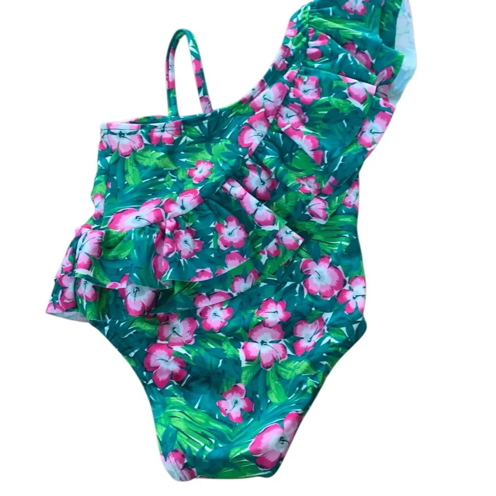 Janie and Jack Green Recycled Hibiscus Ruffle Swimsuit